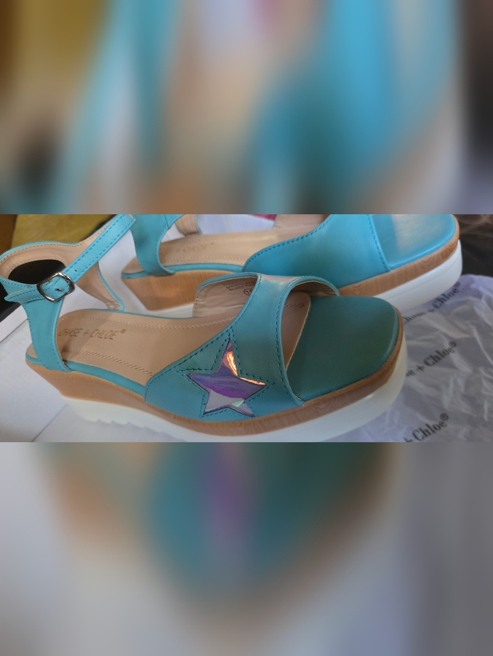 Chase&Cloe Turquoise Open-Toe Small Platform Sandals Star Accent Sz7.5 NIB - Picture 6 of 8